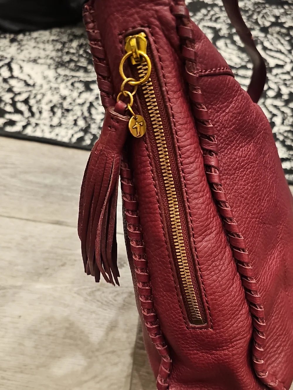C- HOBO Burgundy Leather Shoulder Bag Whipstitching & Tassel (Medium/Large Size)